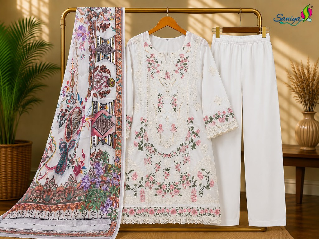 SANIYA TRENDZ D.NO 7212 WHOLESALE COTTON CHIKANKARI WORK FULLY STITCHED 3 PCS SUITS EXPORTER