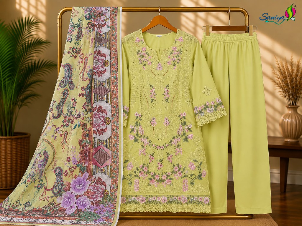 SANIYA TRENDZ D.NO 7212 WHOLESALE COTTON CHIKANKARI WORK FULLY STITCHED 3 PCS SUITS EXPORTER