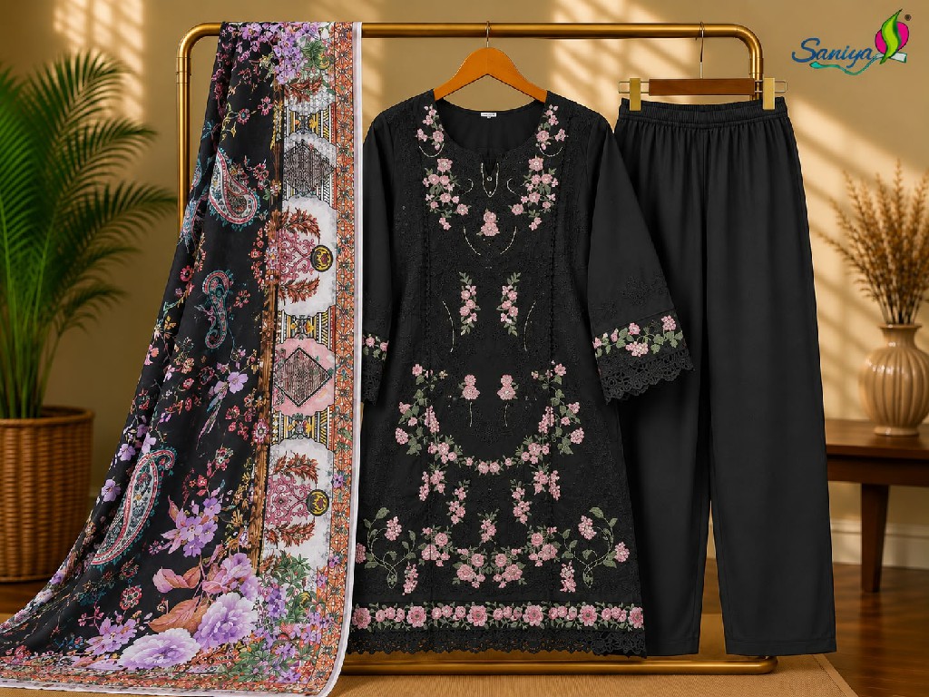 SANIYA TRENDZ D.NO 7212 WHOLESALE COTTON CHIKANKARI WORK FULLY STITCHED 3 PCS SUITS EXPORTER