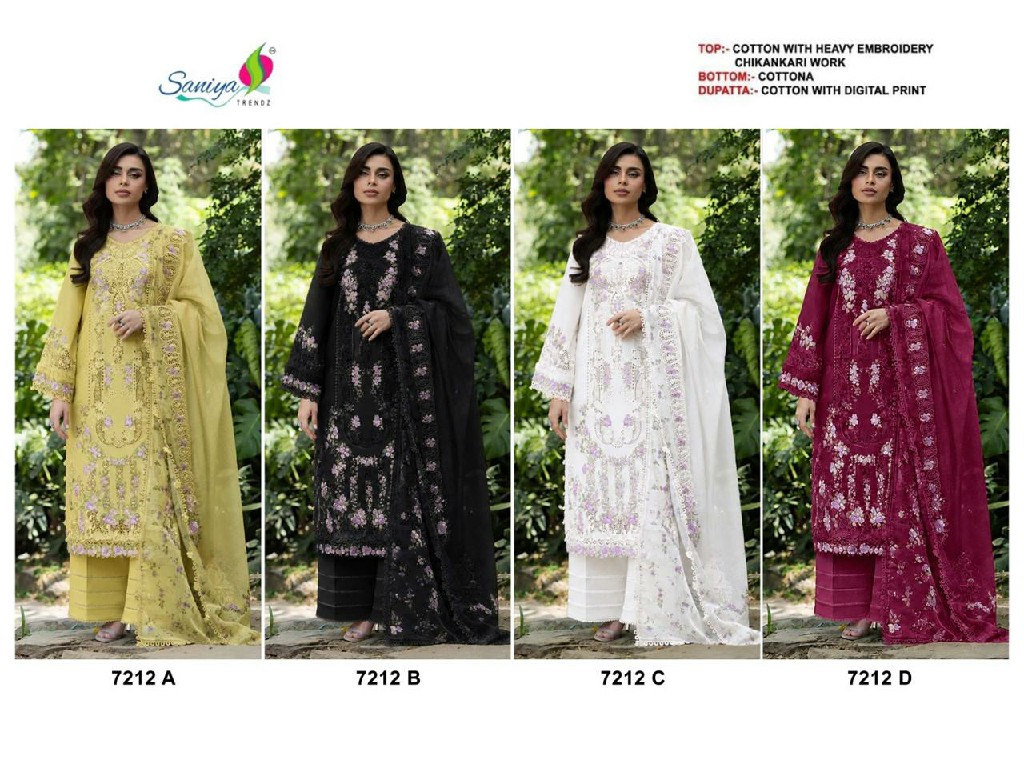 SANIYA TRENDZ D.NO 7212 WHOLESALE COTTON CHIKANKARI WORK FULLY STITCHED 3 PCS SUITS EXPORTER