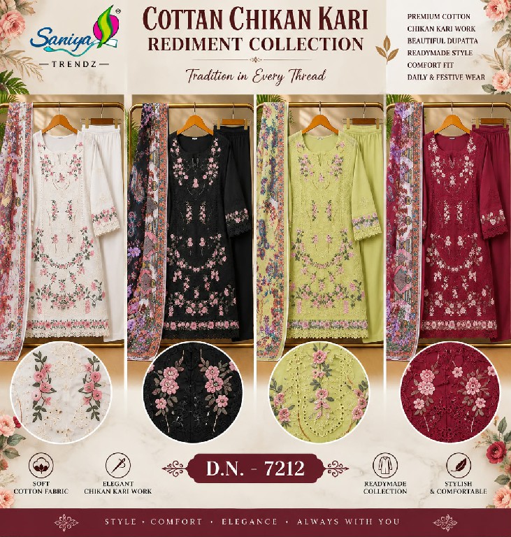 SANIYA TRENDZ D.NO 7212 WHOLESALE COTTON CHIKANKARI WORK FULLY STITCHED 3 PCS SUITS EXPORTER