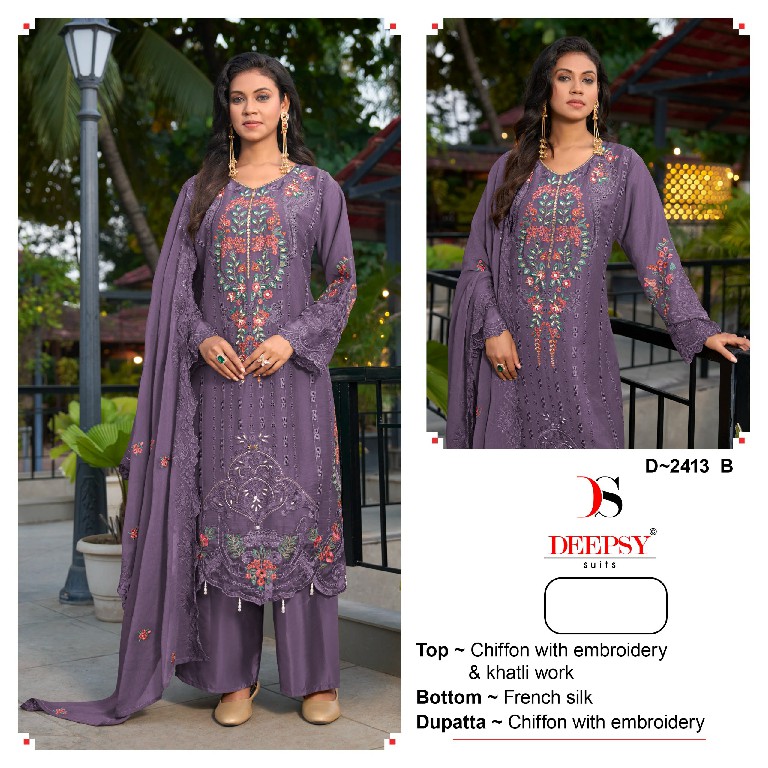DEEPSY D.NO 2413 WHOLESALE CHIFFON WITH WORK PAKISTANI UNSTITCH SALWAR SUITS FOR EXPORT