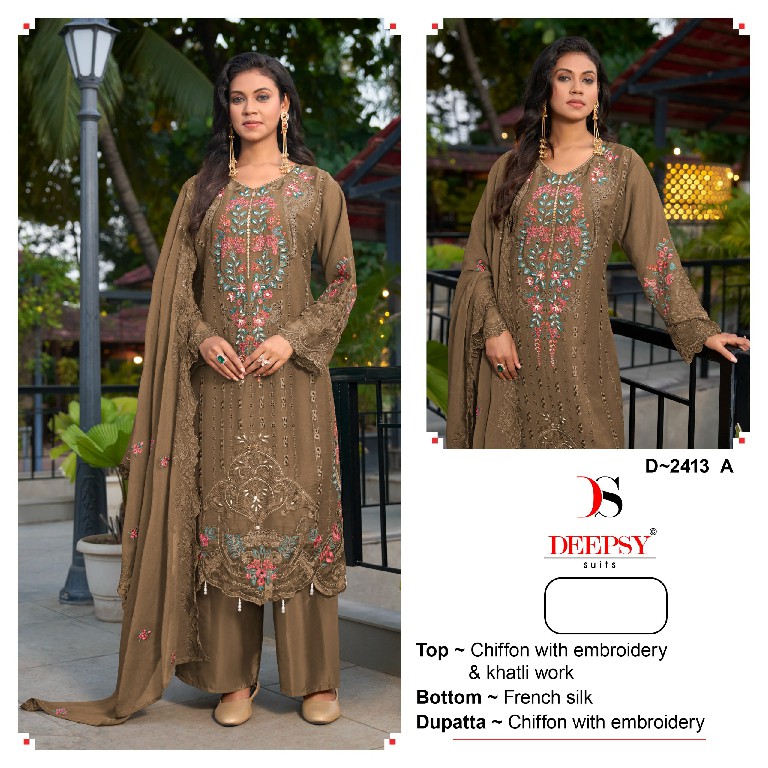 DEEPSY D.NO 2413 WHOLESALE CHIFFON WITH WORK PAKISTANI UNSTITCH SALWAR SUITS FOR EXPORT
