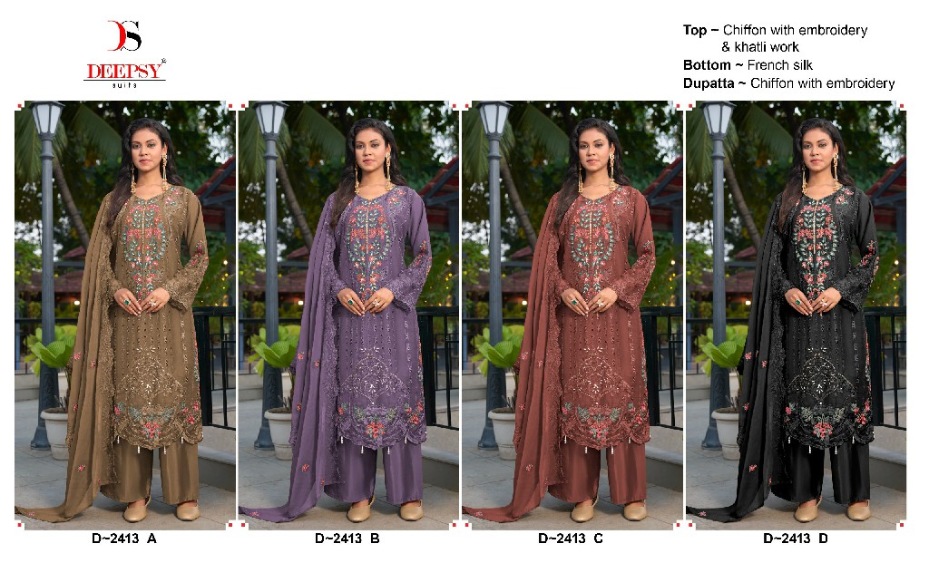 DEEPSY D.NO 2413 WHOLESALE CHIFFON WITH WORK PAKISTANI UNSTITCH SALWAR SUITS FOR EXPORT