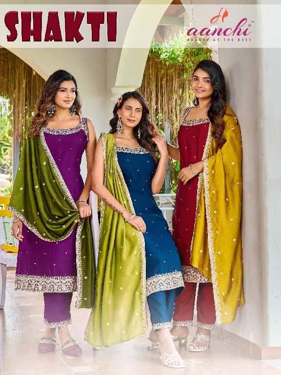 AANCHI SHAKTI WHOLESALE READYMADE VICHITRA SILK SPEGHETTI STYLE 3 PCS SUITS EXPORTER