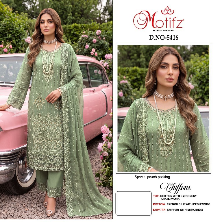 MOTIFZ D.NO 5416 WHOLESALE CHIFFON ATTRACTIVE PAKISTANI UNSTITCH SALWAR SUITS SUPPLIER