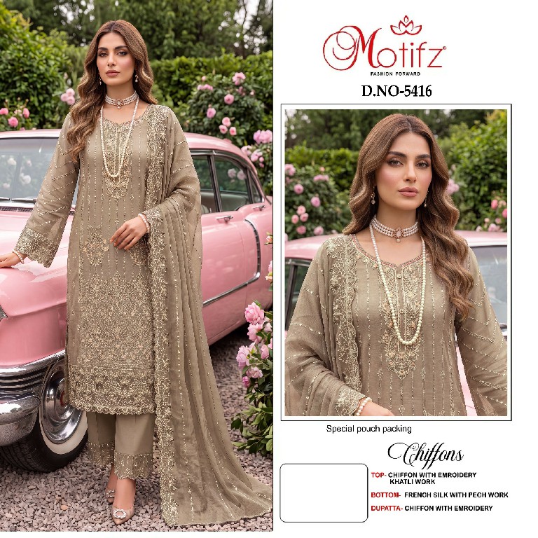 MOTIFZ D.NO 5416 WHOLESALE CHIFFON ATTRACTIVE PAKISTANI UNSTITCH SALWAR SUITS SUPPLIER