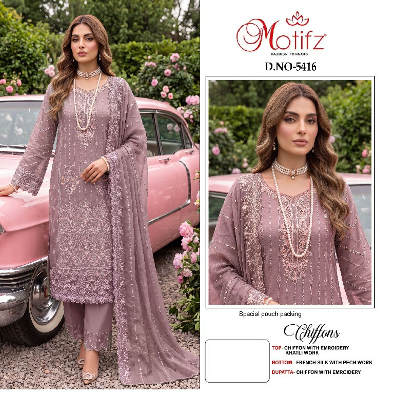 MOTIFZ D.NO 5416 WHOLESALE CHIFFON ATTRACTIVE PAKISTANI UNSTITCH SALWAR SUITS SUPPLIER
