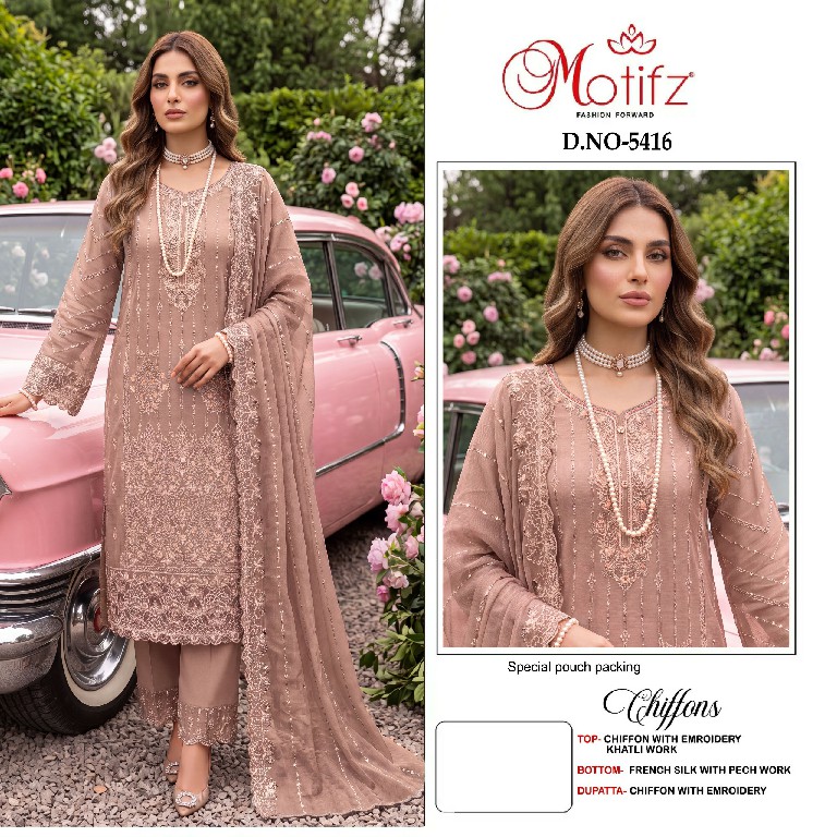 MOTIFZ D.NO 5416 WHOLESALE CHIFFON ATTRACTIVE PAKISTANI UNSTITCH SALWAR SUITS SUPPLIER