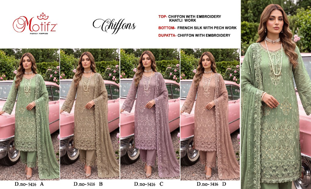 MOTIFZ D.NO 5416 WHOLESALE CHIFFON ATTRACTIVE PAKISTANI UNSTITCH SALWAR SUITS SUPPLIER