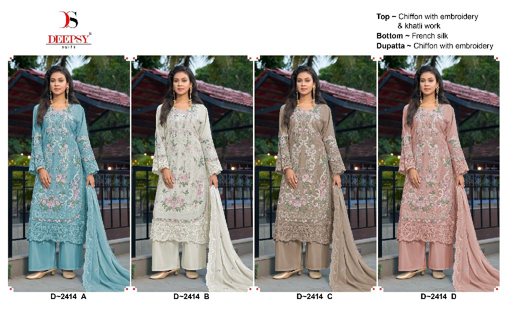 DEEPSY D.NO 2414 WHOLESALE CHIFFON PAKISTANI HIT DESIGN UNSTITCH SALWAR SUITS EXPORTER
