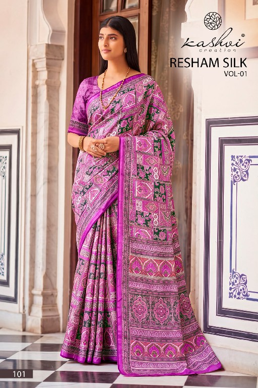 KASHVI CREATION RESHAM SILK VOL 1 WHOLESALE SILK CRAPE DIGITAL PRINT INDIAN SAREES FOR WOMEN EXPORTER