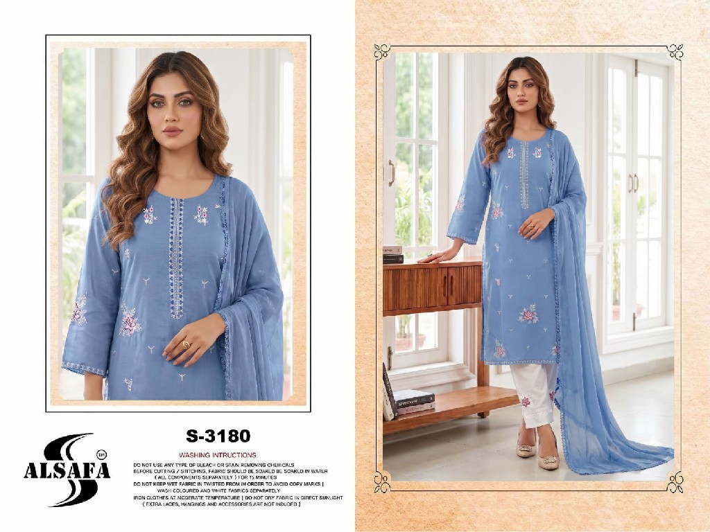 ALSAFA D.NO 3180 WHOLESALE READYMADE RAYON COTTON PAKISTANI 3 PCS SUITS EXPORTER