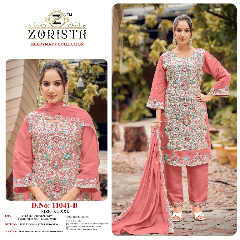 ZORISTA D.NO 11041 WHOLESALE READYMADE PURE MAL CHANDERI HEAVY WORK 3 PCS SUITS SUPPLIER