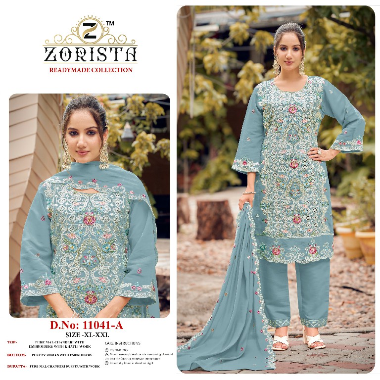 ZORISTA D.NO 11041 WHOLESALE READYMADE PURE MAL CHANDERI HEAVY WORK 3 PCS SUITS SUPPLIER