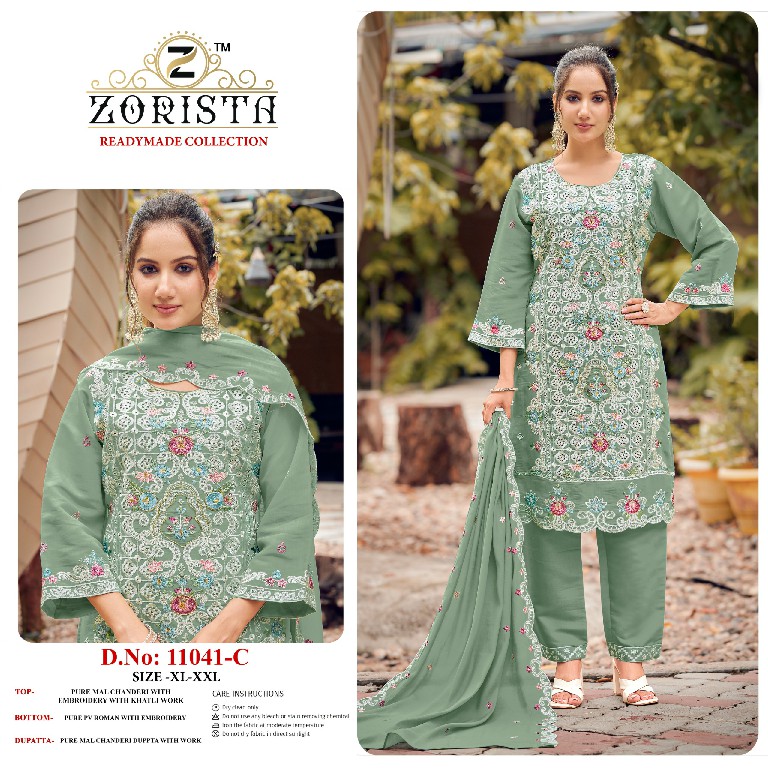 ZORISTA D.NO 11041 WHOLESALE READYMADE PURE MAL CHANDERI HEAVY WORK 3 PCS SUITS SUPPLIER