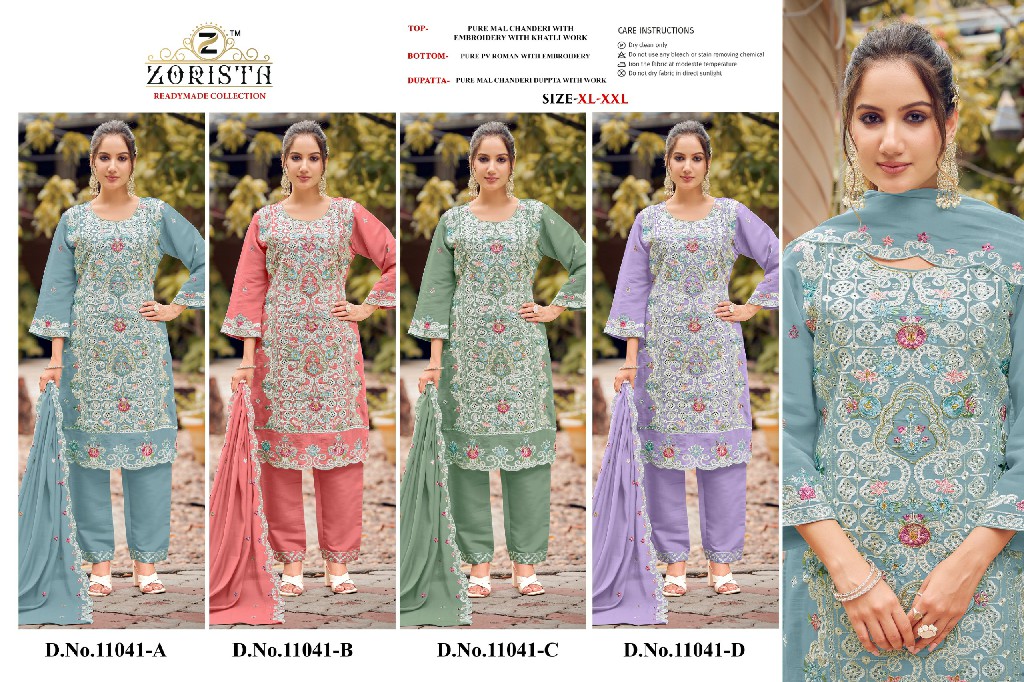 ZORISTA D.NO 11041 WHOLESALE READYMADE PURE MAL CHANDERI HEAVY WORK 3 PCS SUITS SUPPLIER