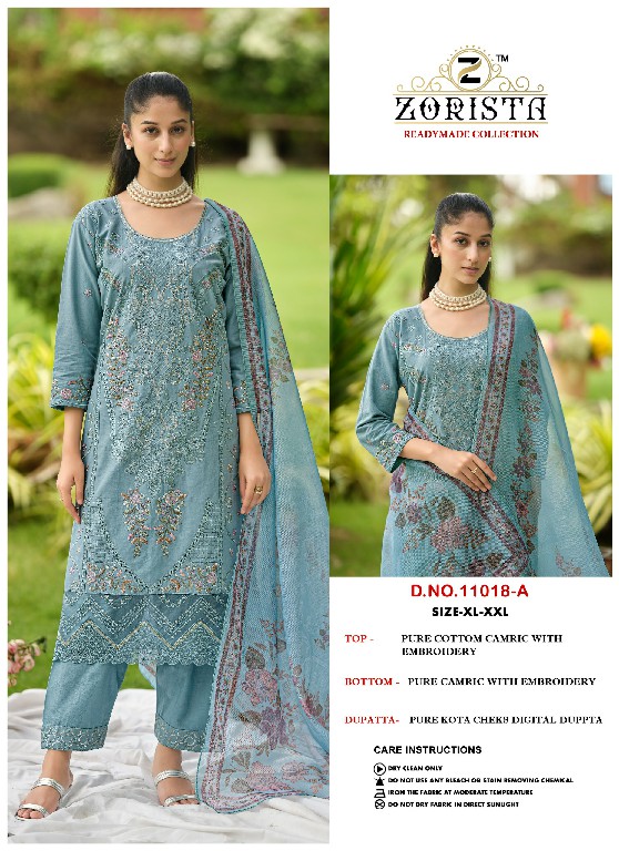 ZORISTA D.NO 11018 WHOLESALE READYMADE CAMBRIC COTTON EMBROIDERED 3 PCS SUITS FOR EXPORT