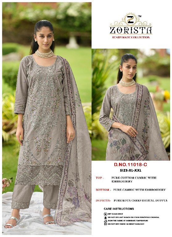 ZORISTA D.NO 11018 WHOLESALE READYMADE CAMBRIC COTTON EMBROIDERED 3 PCS SUITS FOR EXPORT