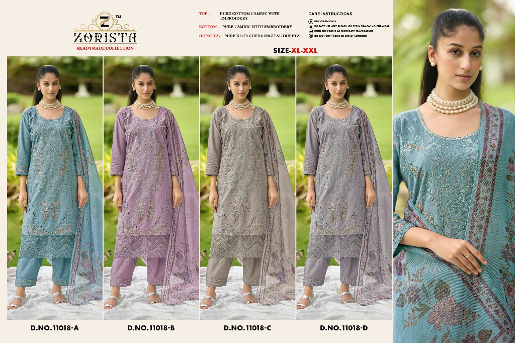 ZORISTA D.NO 11018 WHOLESALE READYMADE CAMBRIC COTTON EMBROIDERED 3 PCS SUITS FOR EXPORT