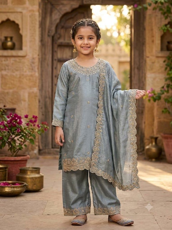 ZUBEDA KIDS PRESENT READYMADE CHINON WITH WORK SHARARA STYLE 3 PCS COMBO SET SUITS FOR KIDS ONLINE