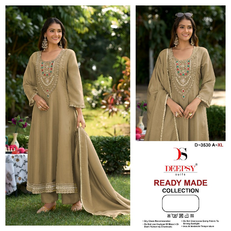 DEEPSY D.NO 3530 WHOLESALE READYMADE VISCOSE TISSUE SILK UNIQUE ANARKALI STYLE 3 PCS SUITS EXPORTER