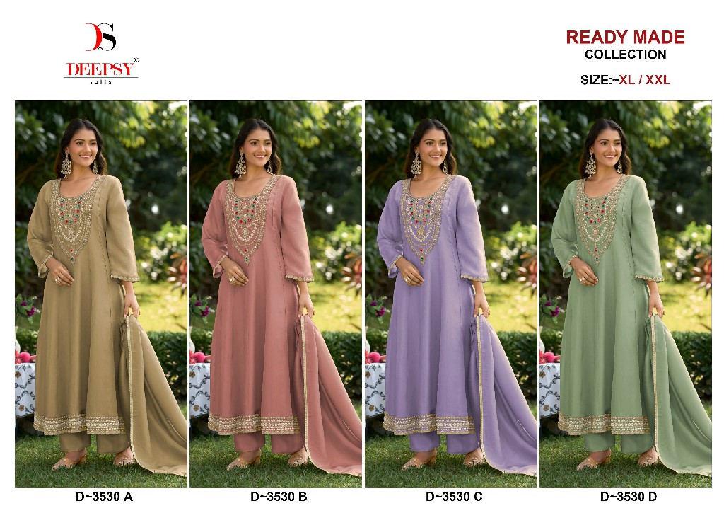 DEEPSY D.NO 3530 WHOLESALE READYMADE VISCOSE TISSUE SILK UNIQUE ANARKALI STYLE 3 PCS SUITS EXPORTER