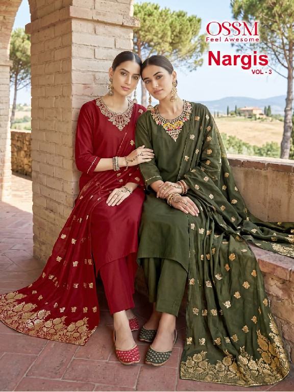 OSSM NARGIS VOL 3 WHOLESALE READYMADE ROMAN SILK FANCY COLLECTION 3 PCS SUITS EXPORTER