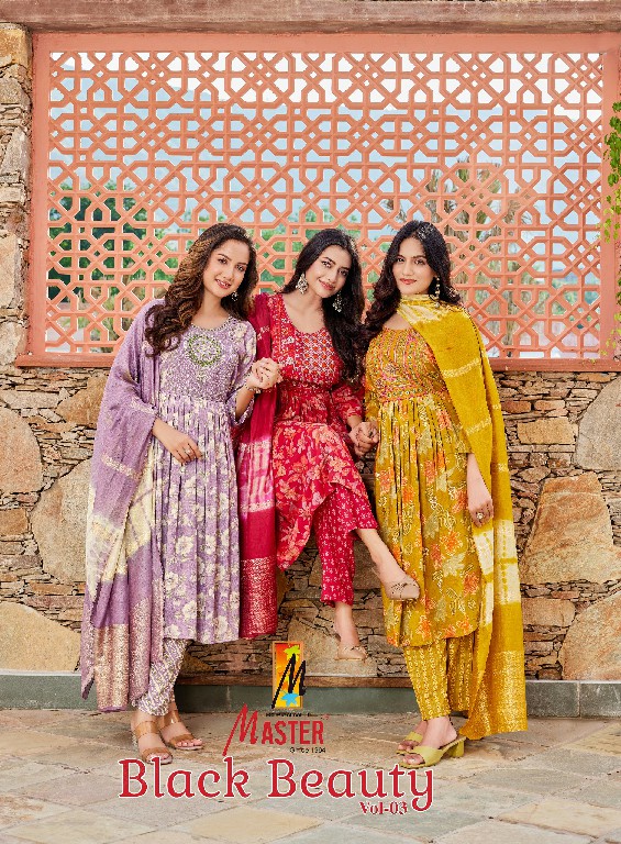 MASTER BLACK BEAUTY VOL 3 WHOLESALE READYMADE CAPSULE PRINT GHERA STYLE FANCY 3 PCS SUITS FOR EXPORT