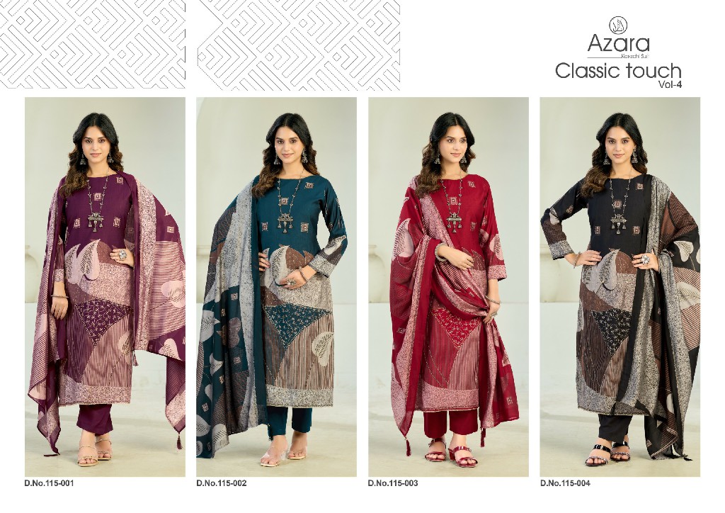 AZARA BY RADHIKA FASHION CLASSIC TOUCH VOL 4 WHOLESALE VISCOSE DESIGNER WORK UNSTITCH SALWAR SUITS ONLINE