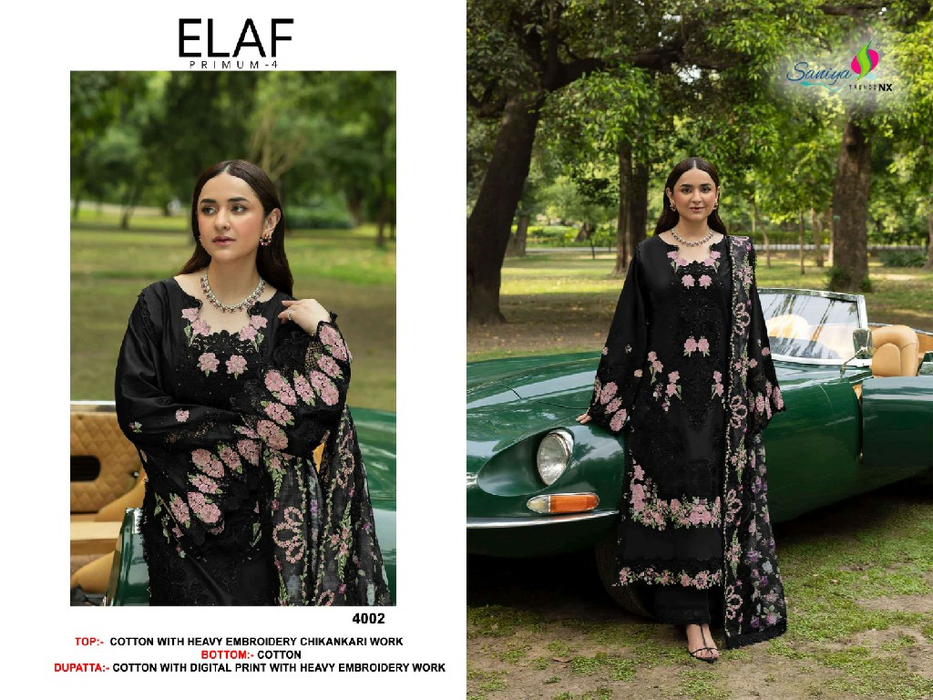 SANIYA TRENDZ ELAF PREMIUM VOL 4 WHOLESALE COTTON CHIKANKARI EMBROIDERED UNSTITCH SALWAR SUITS ONLINE
