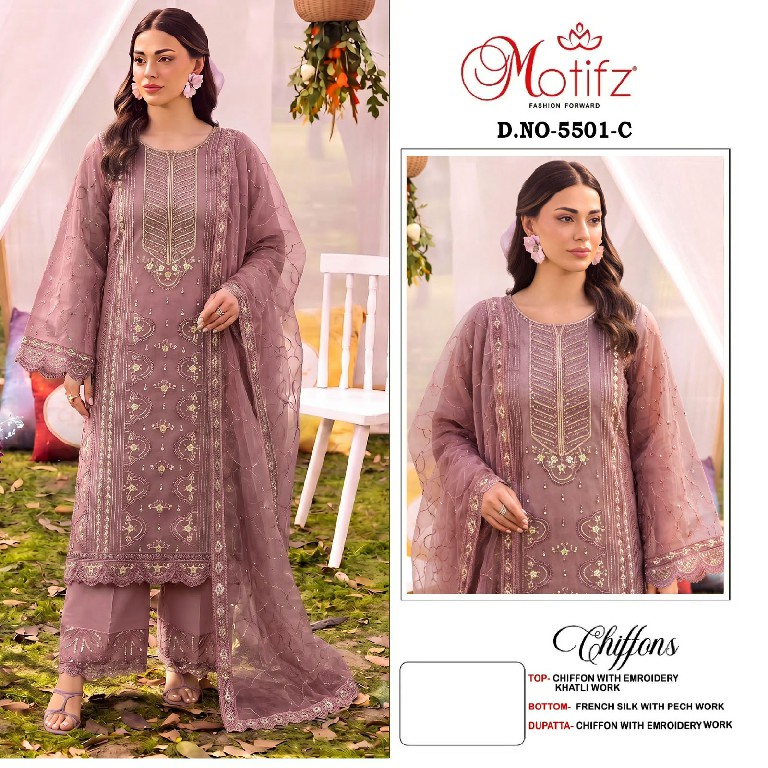 MOTIFZ D.NO 5501 WHOLESALE CHIFFON PAKISTANI GORGEOUS LOOK UNSTITCH SALWAR SUITS SUPPLIER
