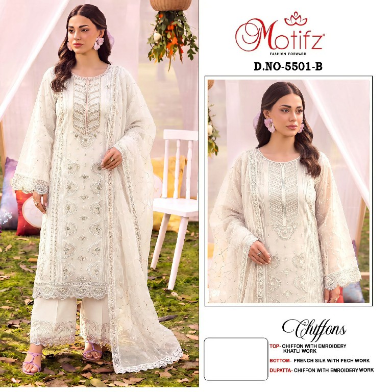 MOTIFZ D.NO 5501 WHOLESALE CHIFFON PAKISTANI GORGEOUS LOOK UNSTITCH SALWAR SUITS SUPPLIER