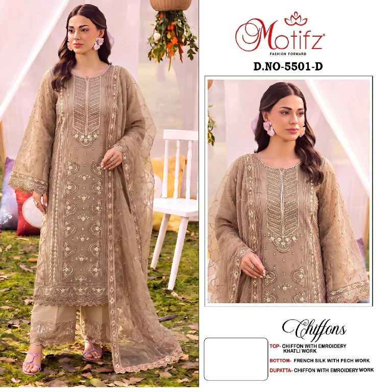 MOTIFZ D.NO 5501 WHOLESALE CHIFFON PAKISTANI GORGEOUS LOOK UNSTITCH SALWAR SUITS SUPPLIER