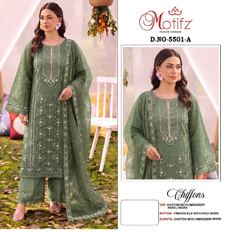 MOTIFZ D.NO 5501 WHOLESALE CHIFFON PAKISTANI GORGEOUS LOOK UNSTITCH SALWAR SUITS SUPPLIER