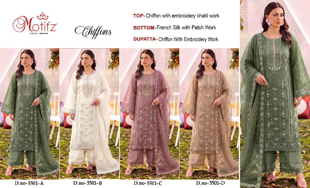 MOTIFZ D.NO 5501 WHOLESALE CHIFFON PAKISTANI GORGEOUS LOOK UNSTITCH SALWAR SUITS SUPPLIER