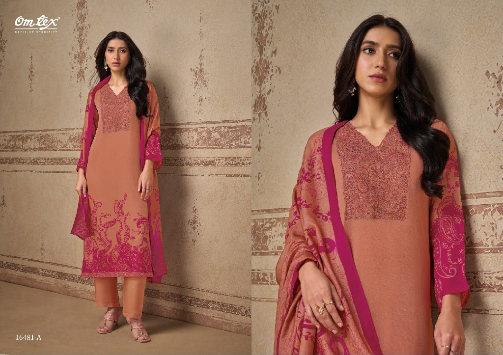 OMTEX ELORA WHOLESALE ORGANZA TWILL EMBROIDERY WORK UNSTITCH SALWAR SUITS EXPORTER