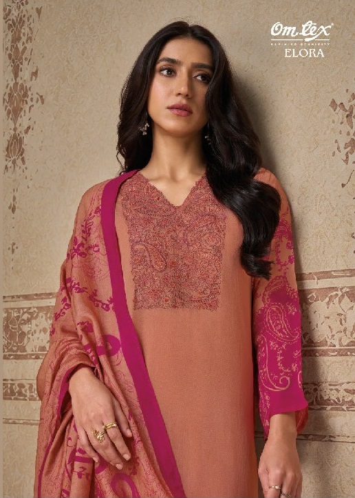 OMTEX ELORA WHOLESALE ORGANZA TWILL EMBROIDERY WORK UNSTITCH SALWAR SUITS EXPORTER