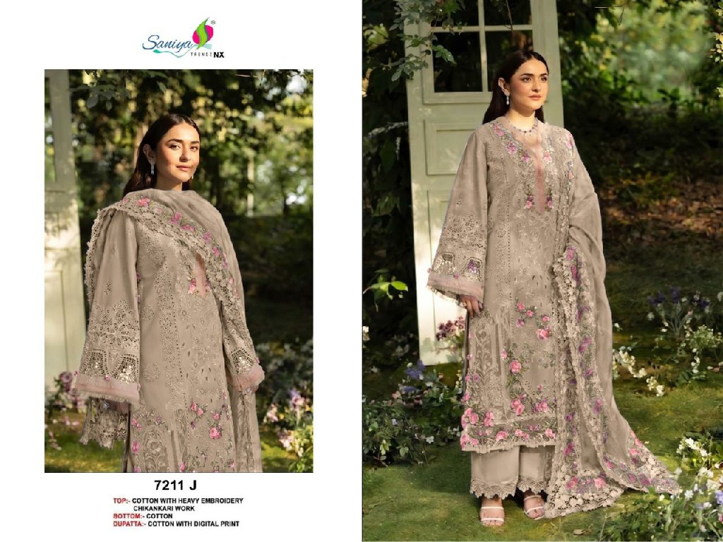 SANIYA TRENDZ D.NO 7211I TO 7211L WHOLESALE COTTON CHIKANKARI EMBROIDERED UNSTITCH SALWAR SUITS FOR EXPORT
