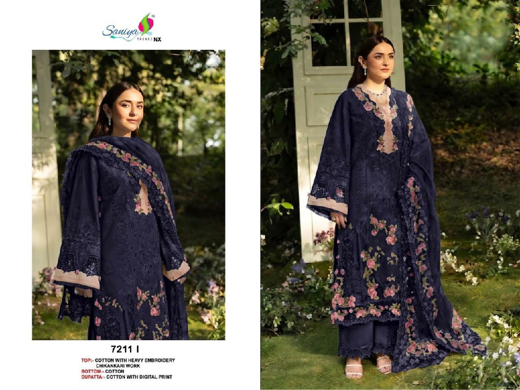 SANIYA TRENDZ D.NO 7211I TO 7211L WHOLESALE COTTON CHIKANKARI EMBROIDERED UNSTITCH SALWAR SUITS FOR EXPORT