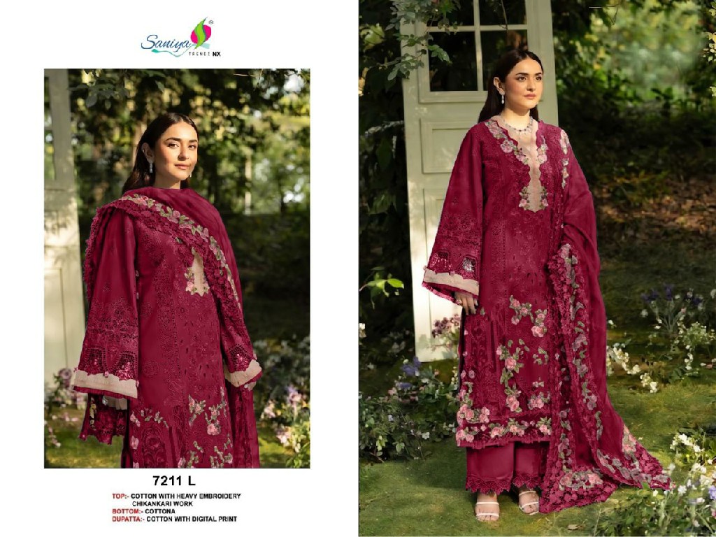 SANIYA TRENDZ D.NO 7211I TO 7211L WHOLESALE COTTON CHIKANKARI EMBROIDERED UNSTITCH SALWAR SUITS FOR EXPORT
