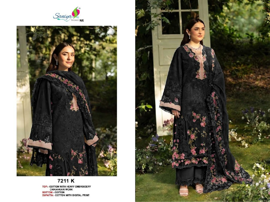 SANIYA TRENDZ D.NO 7211I TO 7211L WHOLESALE COTTON CHIKANKARI EMBROIDERED UNSTITCH SALWAR SUITS FOR EXPORT