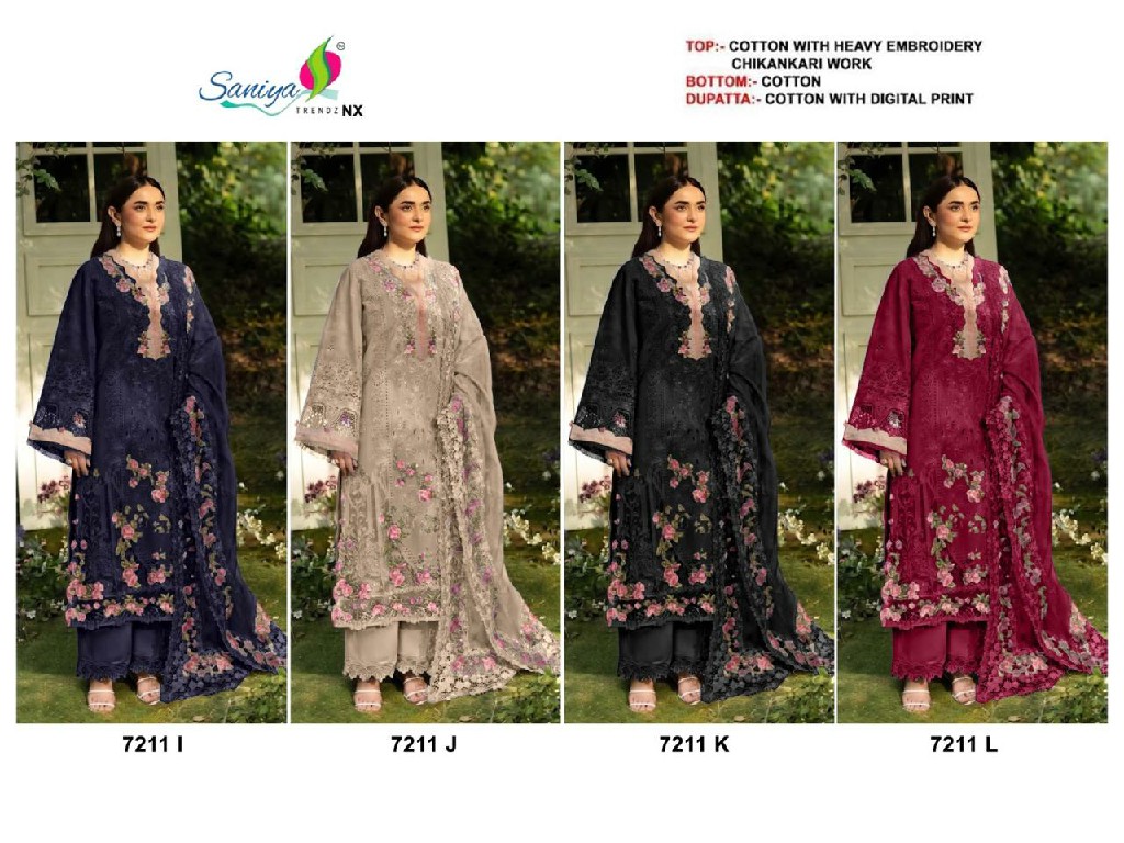 SANIYA TRENDZ D.NO 7211I TO 7211L WHOLESALE COTTON CHIKANKARI EMBROIDERED UNSTITCH SALWAR SUITS FOR EXPORT