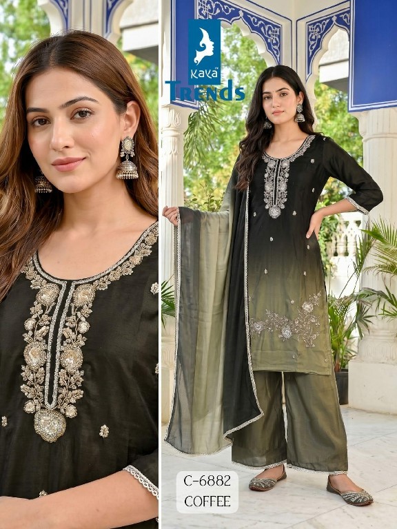 KAYA D.NO 6882 WHOLESALE READYMADE CHINON SHADED FANCY BEATS WORK 3 PCS COMBO SET SUITS EXPORTER