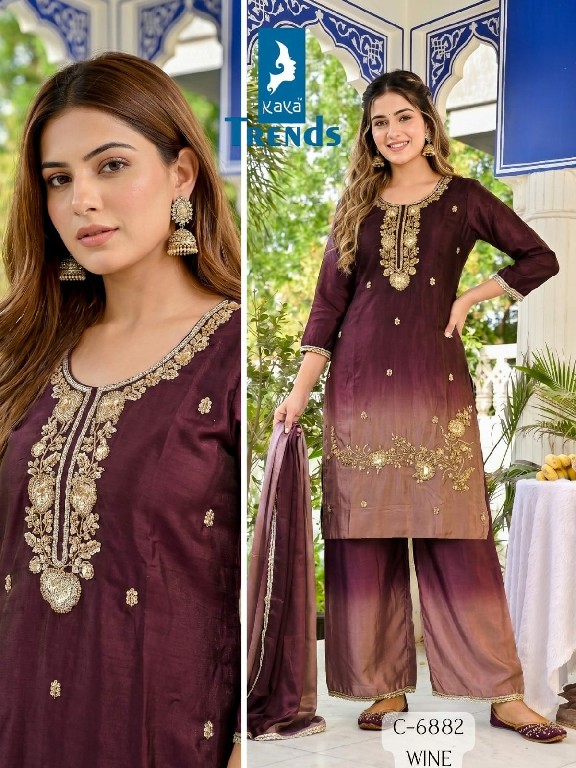 KAYA D.NO 6882 WHOLESALE READYMADE CHINON SHADED FANCY BEATS WORK 3 PCS COMBO SET SUITS EXPORTER