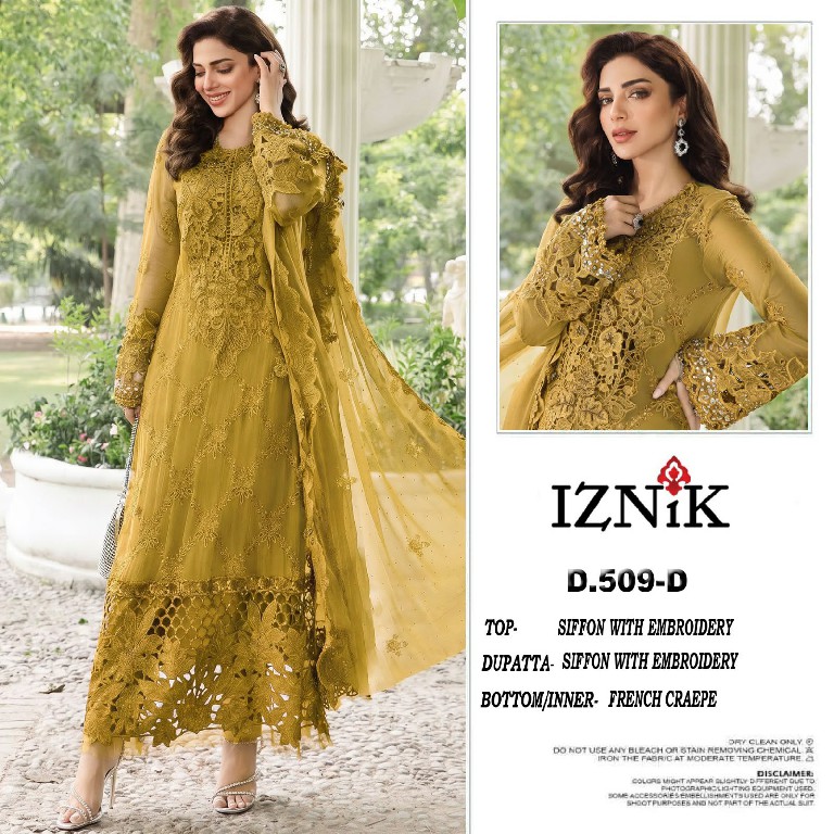 IZNIK FAB D.NO 509 WHOLESALE HEAVY CHIFFON PAKISTANI HIT DESIGN UNSTITCH SALWAR SUITS EXPORTER