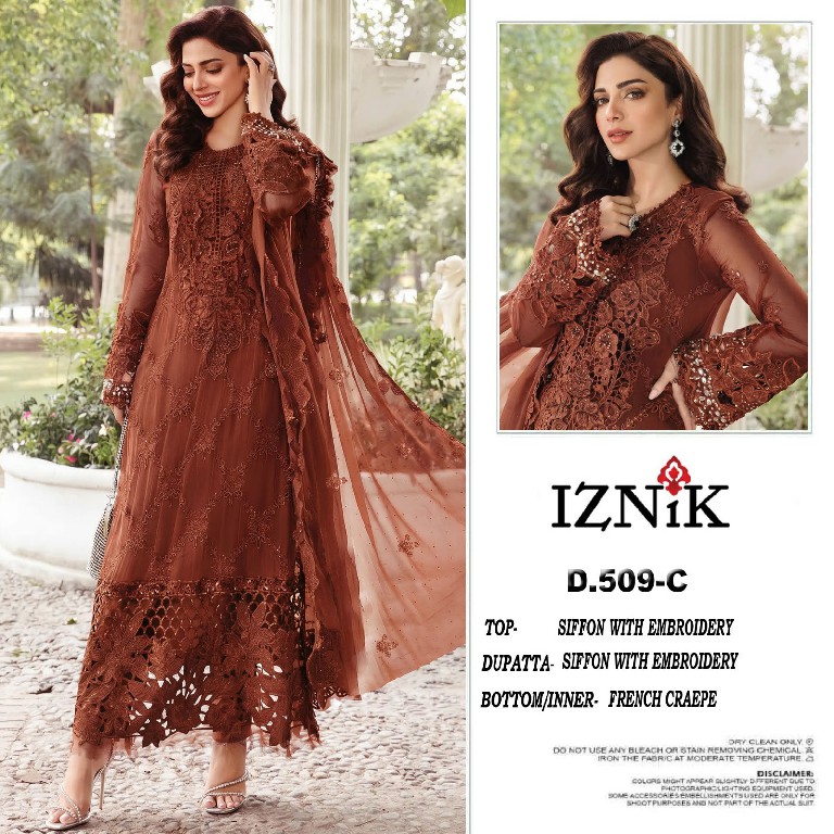 IZNIK FAB D.NO 509 WHOLESALE HEAVY CHIFFON PAKISTANI HIT DESIGN UNSTITCH SALWAR SUITS EXPORTER