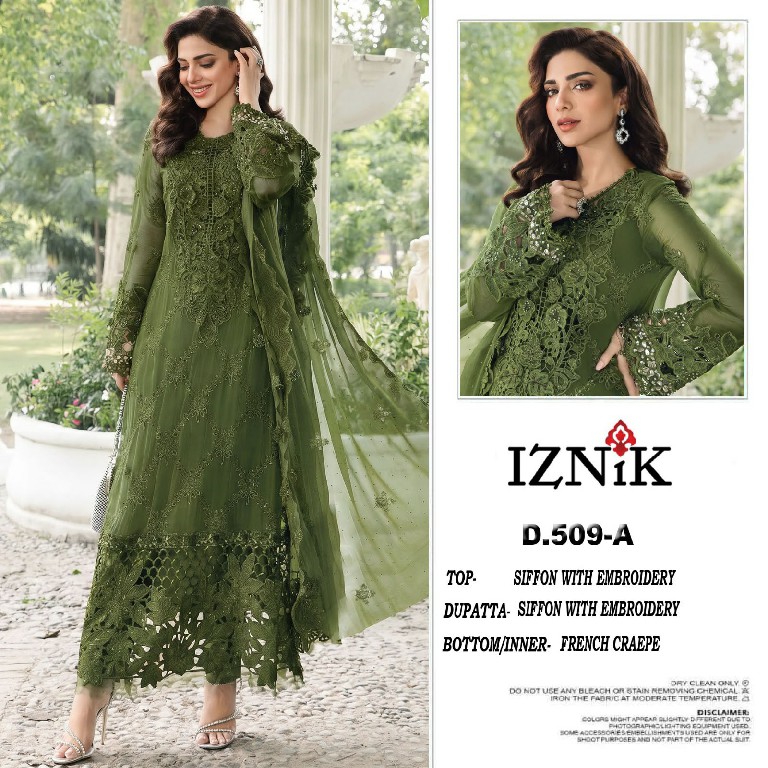 IZNIK FAB D.NO 509 WHOLESALE HEAVY CHIFFON PAKISTANI HIT DESIGN UNSTITCH SALWAR SUITS EXPORTER