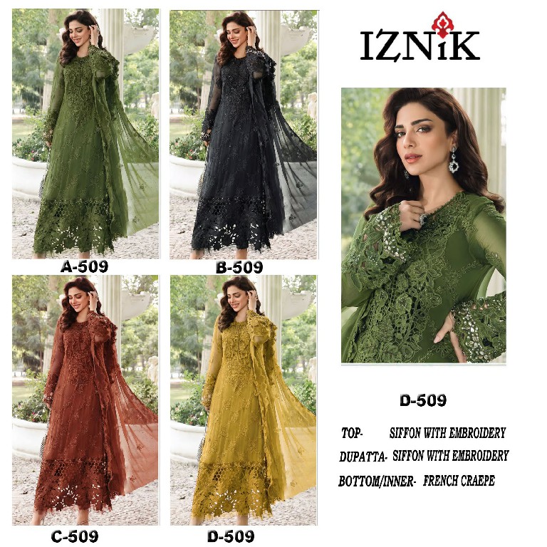 IZNIK FAB D.NO 509 WHOLESALE HEAVY CHIFFON PAKISTANI HIT DESIGN UNSTITCH SALWAR SUITS EXPORTER