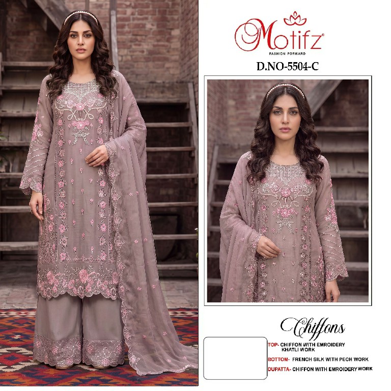 MOTIFZ D.NO 5504 WHOLESALE CHIFFON PAKISTANI PRETTY LOOK UNSTITCH SALWAR SUITS SUPPLIER